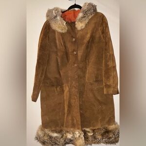 VERY RARE Vintage Suede Leather 70s Fox Mink Fur Collared Jacket Women’s S